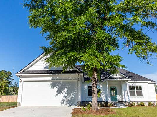 front of house with large tree